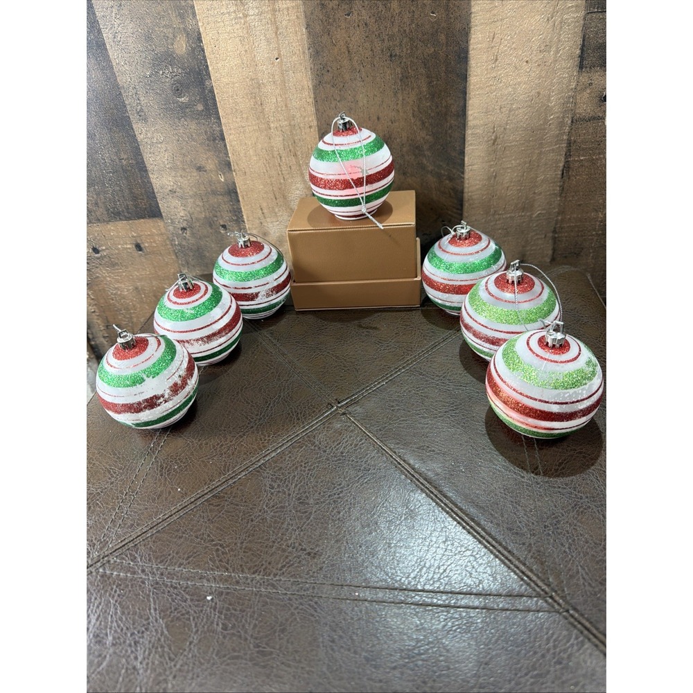 Christmas Glitter Ball Ornaments Lot of 7 Red Green White Striped Glows Work Vtg